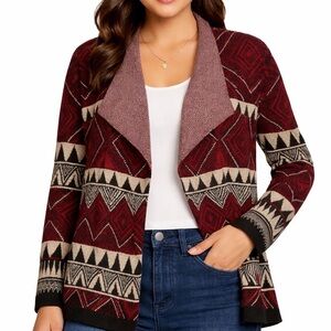 Dex Cardigan Boho Sweater Aztec Pattern Waterfall Collar Burgundy Black Taupe M